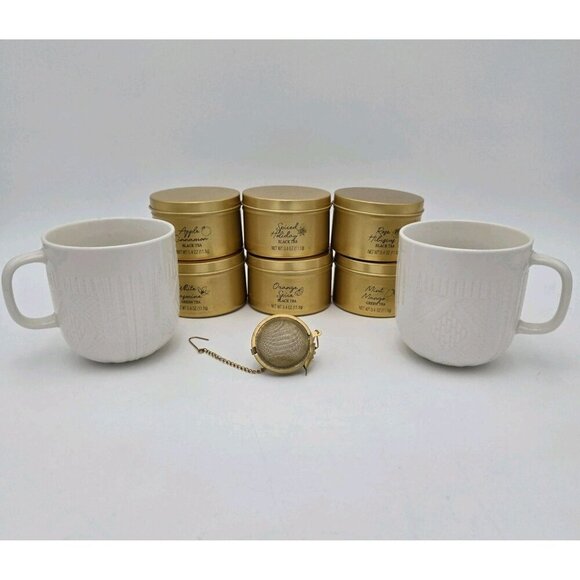 Modern Gourmet Sampler 6 Tea Set Loose Leaf Tea 2 Mugs Infuser Gold Gift Set - Picture 1 of 10